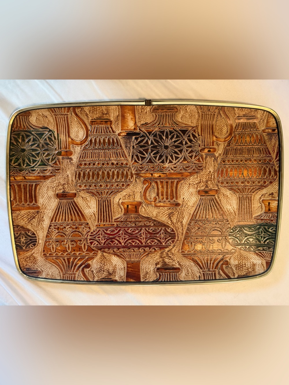 Vintage Tooled Leather Over Metal Tray   16x10.5”